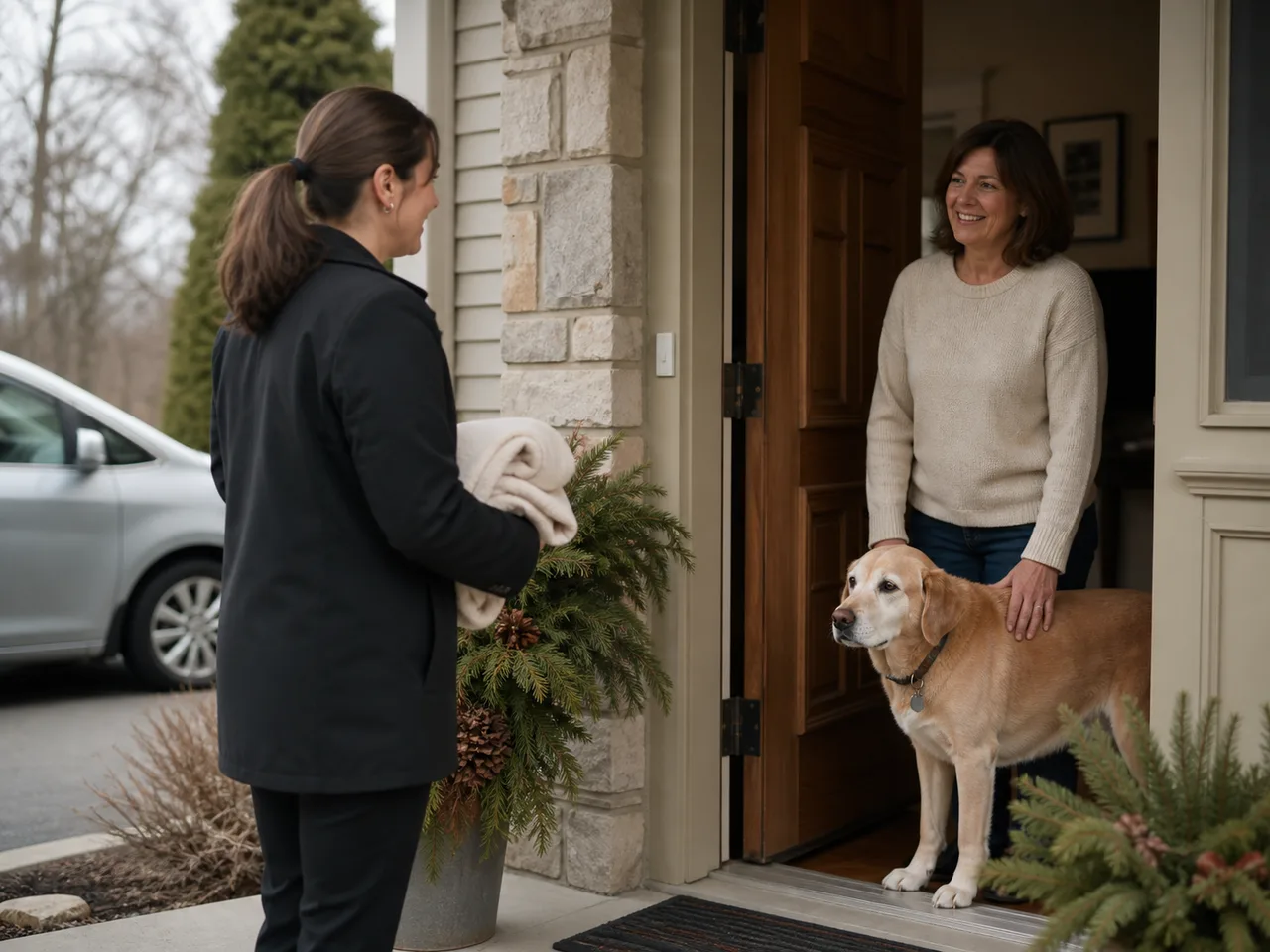 A care professional arriving at a home to discuss compassionate pickup support with a pet owner