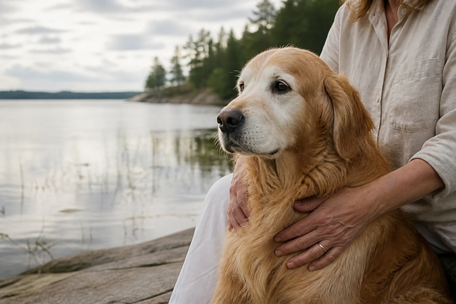 A person embracing a large dog outdoors in a quiet winter setting