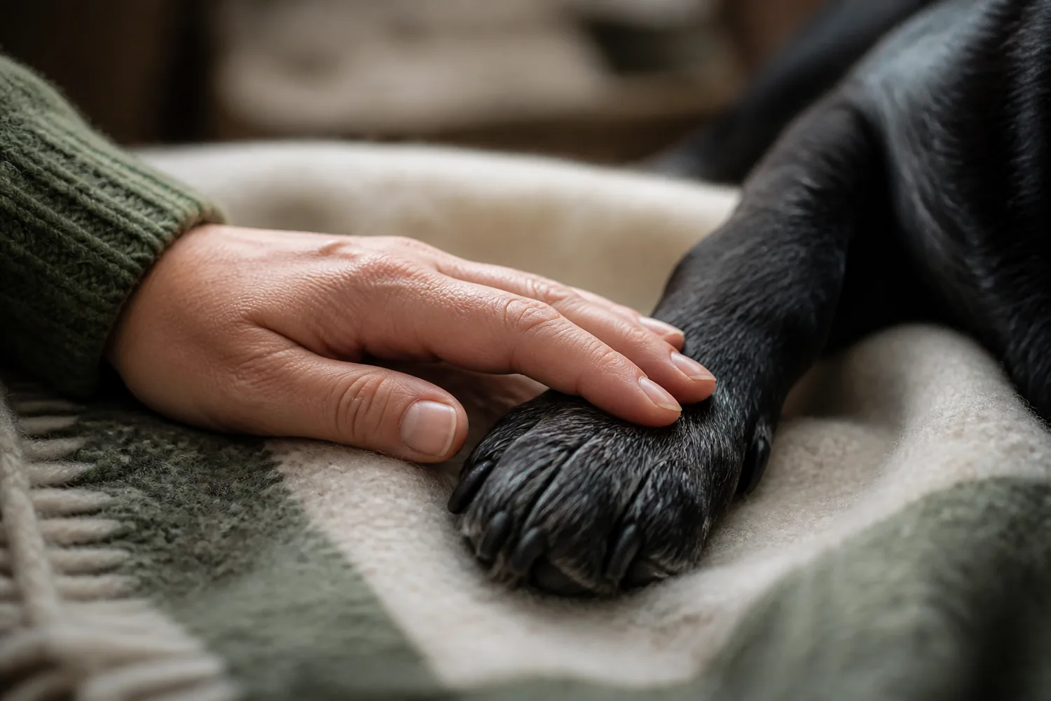 A reassuring hand resting gently beside an older dog's paw
