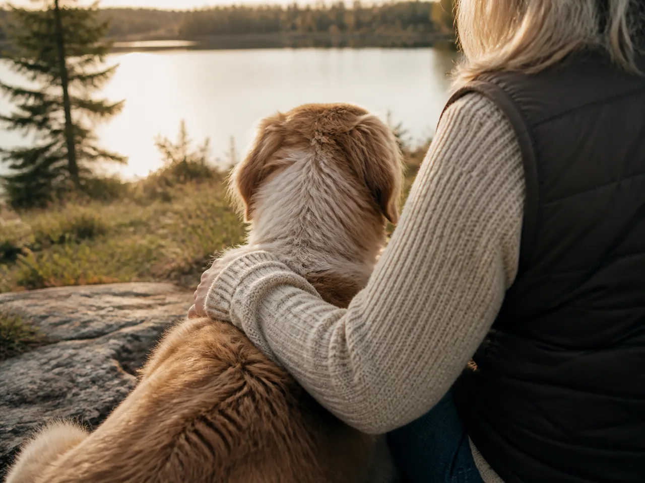 An owner sitting quietly beside an older dog near a peaceful lake