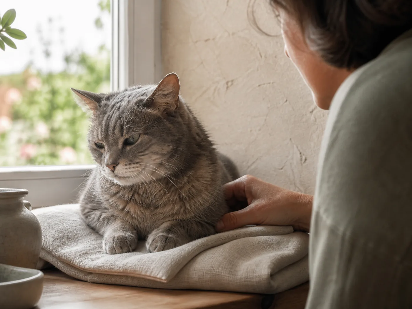 An older cat sharing a quiet moment with its owner